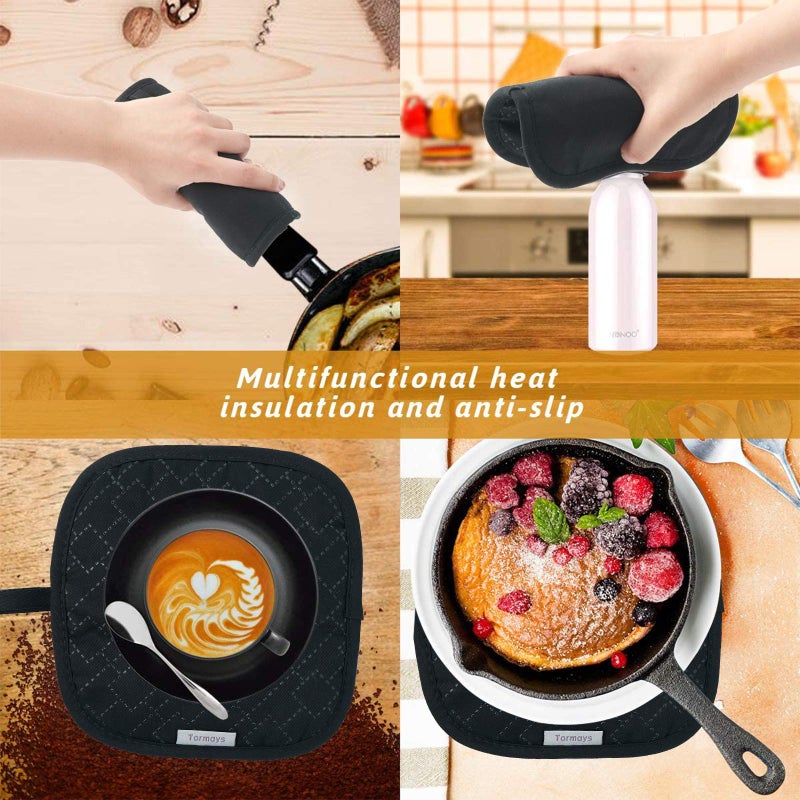 Tormays 4Pcs Oven Mitts and Pot Holders Set, 572F Heat Resistant Oven Glove, Soft Cotton Lining with Non-Slip Surface for Kitchen Baking BBQ (Black) - Image 4